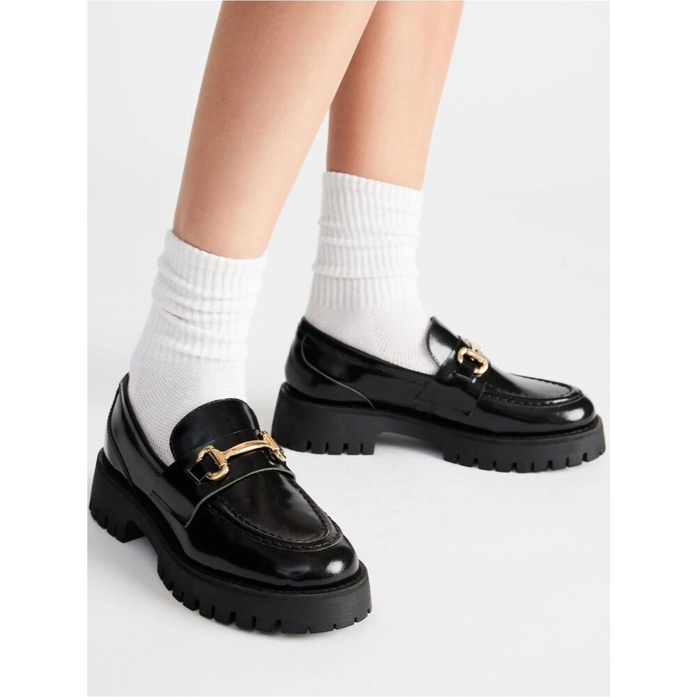 Steve Madden Lando Black Leather Chunky Loafers with Gold Buckle LIKE NEW Size 6